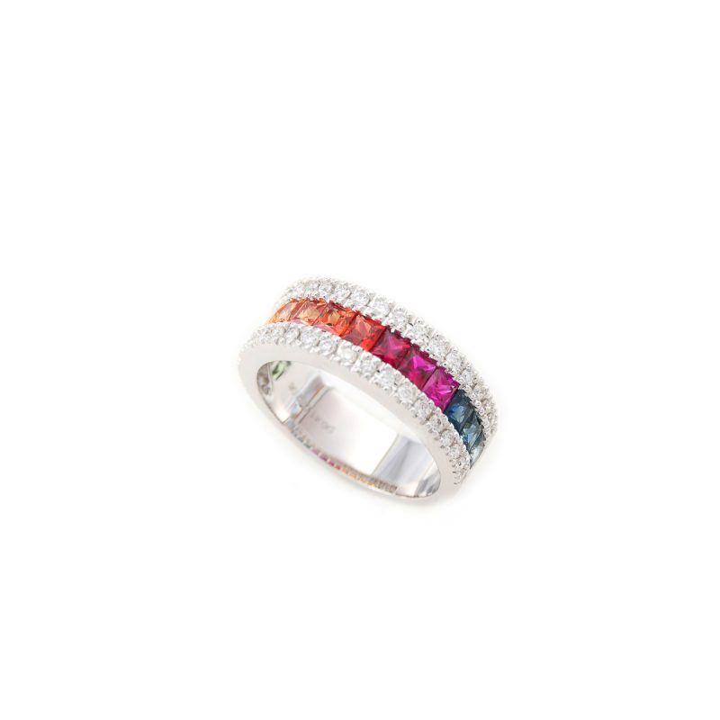 Sortija Biru Winikunka en Oro Blanco 18K con Zafiros Rainbow y Diamante