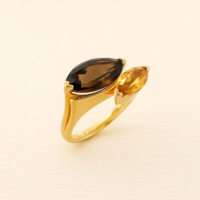 Sortija Biru Doble Marquise en Oro Amarillo 18K con Cuarzo Fume y Citrino