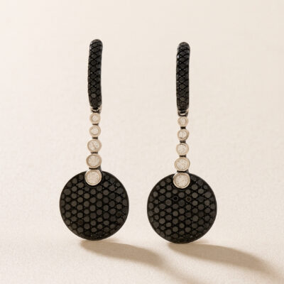 Argollas Diamantesta  Círculo colgante en Oro Blanco 18k con Diamantes negros y blancos