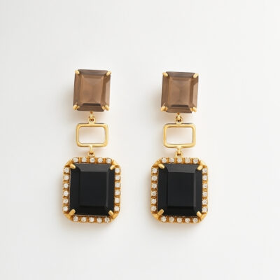 Aretes Cuadrados Biru en Oro Amarillo 18k con Cuarzo negro, Cuarzo Fume y Diamantes