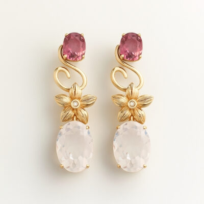 Aretes Biru Ojo Rojo en Oro Rosa 18k con Prasiolita, Turmalina y Diamante