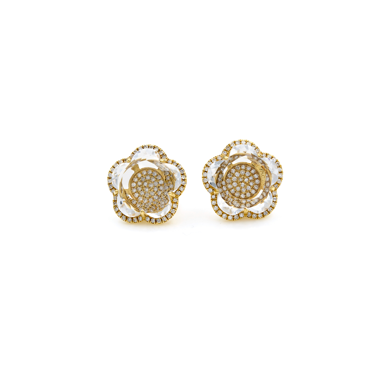 Aretes Biru Flor en Oro Amarillo 18k con Topacio blanco y Brillantes