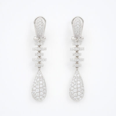 Aretes Diamantesta Largo con gota en Oro Blanco 18k con Diamantes