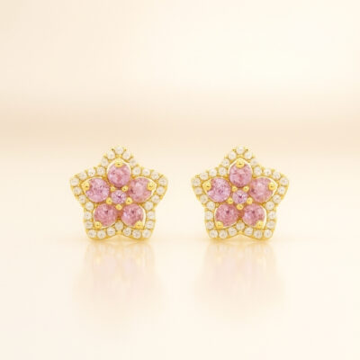 Aretes Biru Estrella en Oro Amarillo 18K con Zafiros Rosados y Diamantes