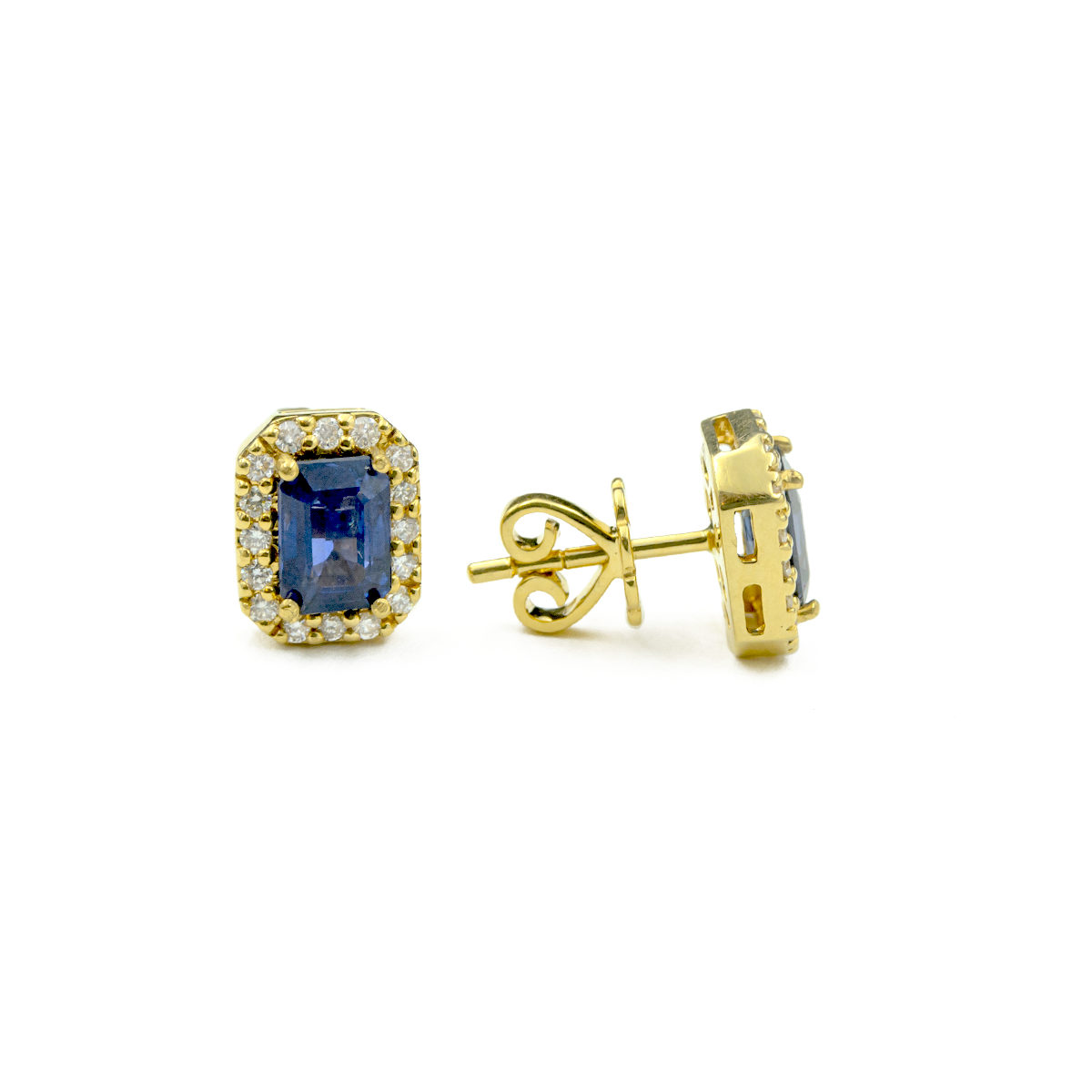 Aretes rectangulo en Oro 18k con Diamantes y Zafiro azul