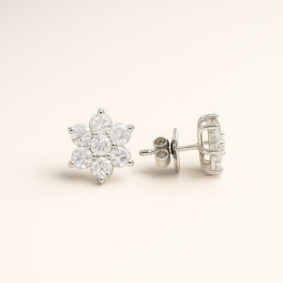 Aretes Diamantesta Flor Roseta en Oro Blanco 18k con Diamantes