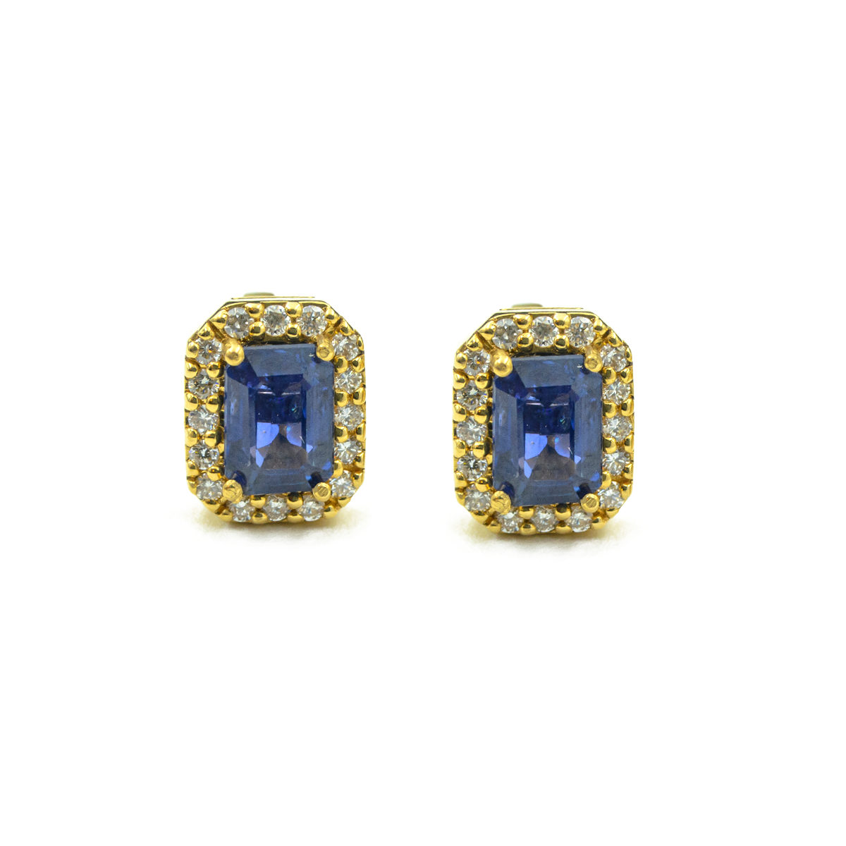 Aretes rectangulo en Oro 18k con Diamantes y Zafiro azul