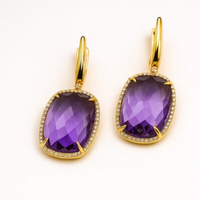 Aretes de Amatista con diamantes en Oro Amarillo 18K
