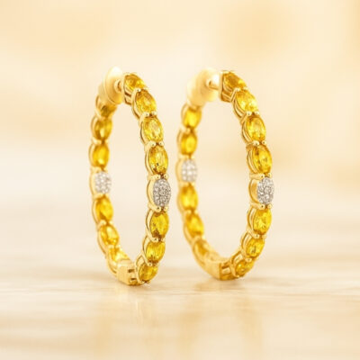 Argollas de Zafiro Amarillo Oval con diamantes  en Oro amarillo 18k