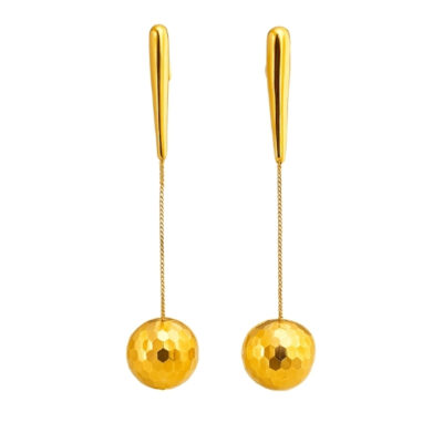 Aretes largos Bola Colgante Diamantado en  oro amarillo 18k