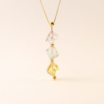 Collar con Dije Cuarzo, Citrino y Amatista Verde cuadradas en  oro amarillo 18k