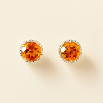Aretes solitario de citrino con diamantes alrededor en Oro amarillo 18K
