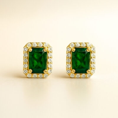 Aretes solitario de esmeraldas y diamantes Oro amarillo 18K
