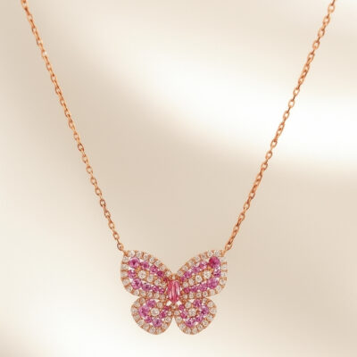 Collar Mariposa con Zafiros Rosados con Diamantes en Oro Rosa 18K.