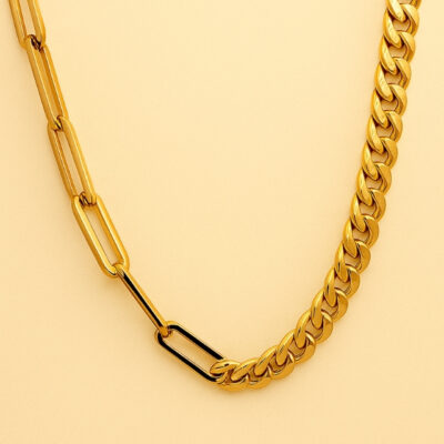 Collar Lomo Corvina y Paper Clip en Oro Amarillo 18K.