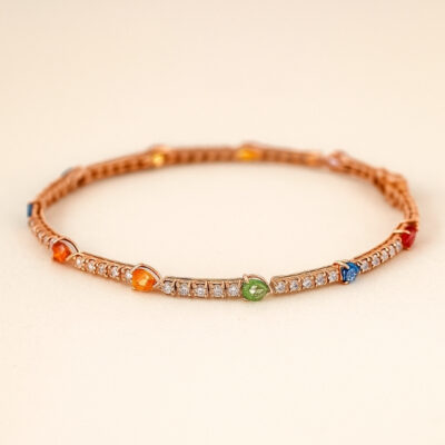 Pulsera Tennis con Zafiros de colores y Brillantes en Oro Rosa 18K.