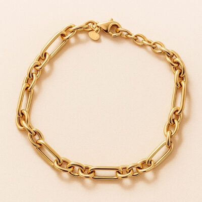 Pulsera Eslabones paper clip y 3 círculos en Oro Amarillo 18K.