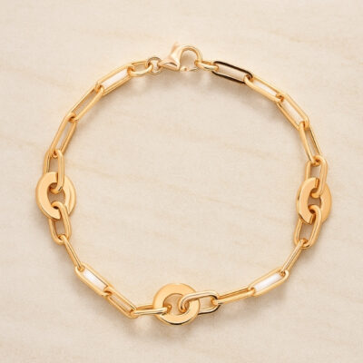 Pulsera Eslabones Rectangulares y 3 círculos en Oro Amarillo 18K.