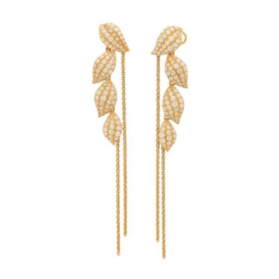 Aretes Hojas de Diamantes con cadenas en Oro Amarillo 18K.