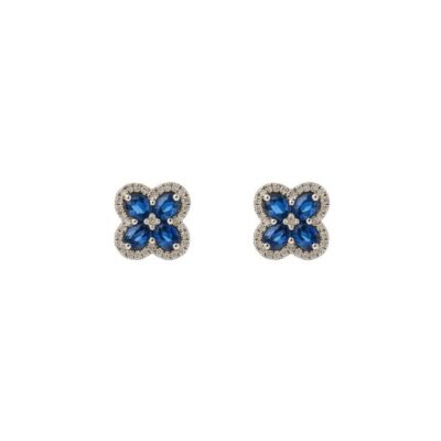 Aretes Trébol de Zafiros con Diamantes en Oro Blanco 18K.