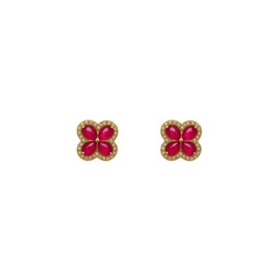 Aretes Trébol de Rubí con Diamantes en Oro Amarillo 18K.