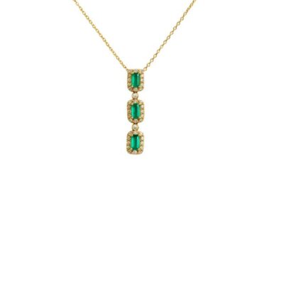 Collar Tres Esmeraldas con Diamantes en Oro Amarillo 18K.