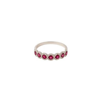 Sortija de Rubies redondos con Diamantes en Oro Blanco 18k