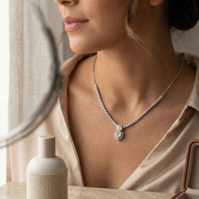 Collar tennis y dije de corazón en plata 925