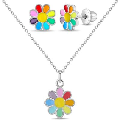 Juego de collar y aretes de flor de colores en plata 925