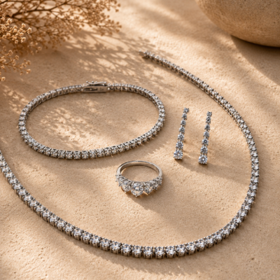 Juego tennis de collar,  pulsera, anillo y aretes con circones en plata 925