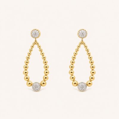 Aretes largos ovalados con dos bolitas de diamantes en oro amarillo 18k