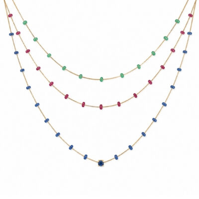 Collar cuentas de rubí, esmeralda o záfiros en oro amarillo 18k.